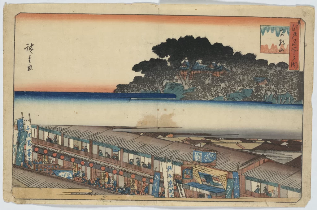 Traditional Japanese Landscape Serene Waterside Vibrant Colors Historical Architecture Cultural Scene