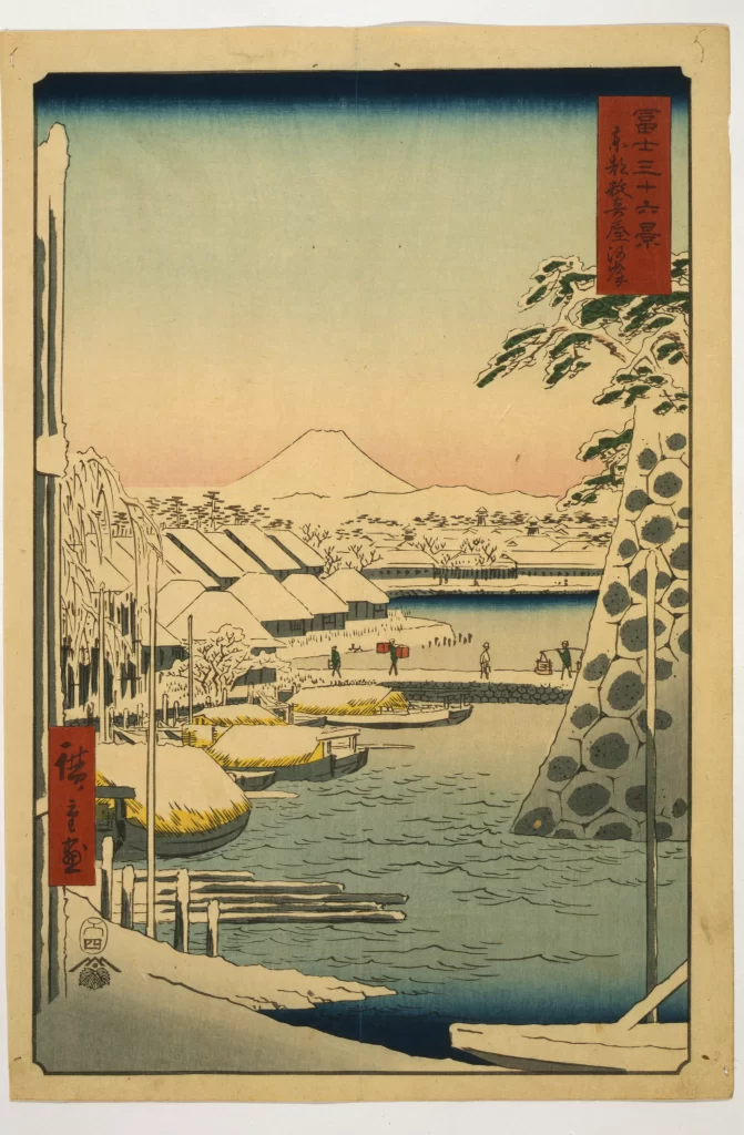 Traditional Japanese Landscape Snow Mount Fuji River Woodblock Print