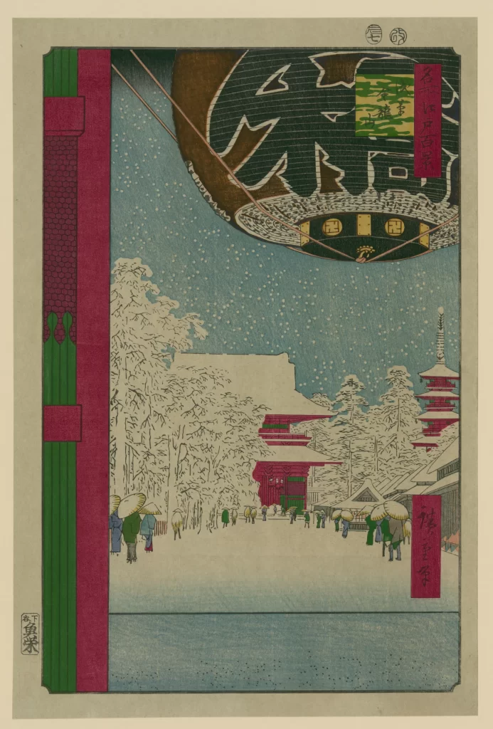 Traditional Japanese Landscape Snow Red And Green Woodblock Print Serene Winter Scene