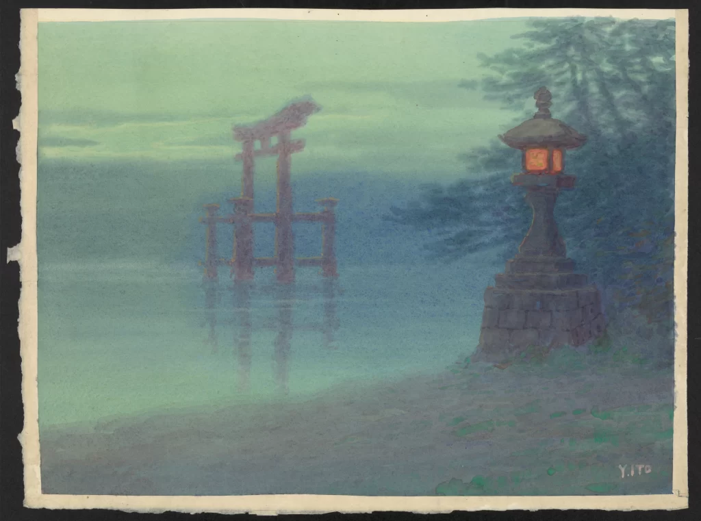 Traditional Japanese Landscape Torii Gate Lantern Misty Atmosphere Serene Colors Water Reflection