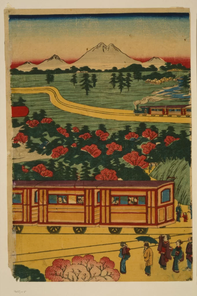 Traditional Japanese Landscape Train Mount Fuji Cherry Blossoms People