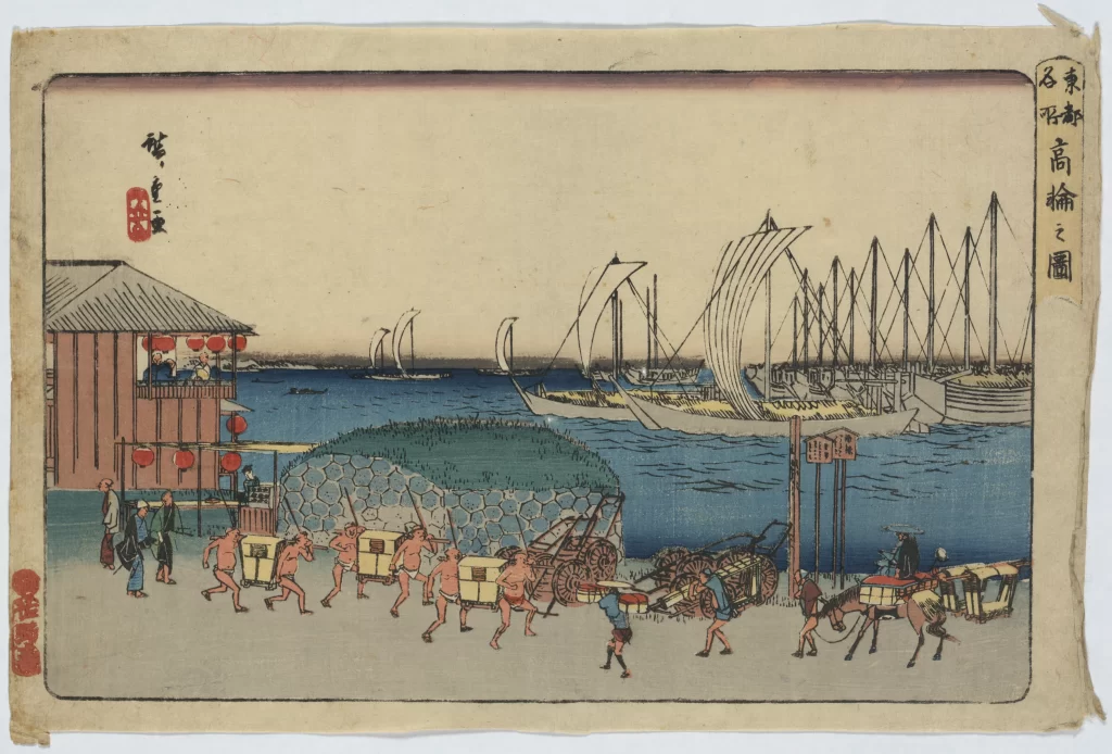 Traditional Japanese Landscape Vibrant Colors Boats Workers Historical Scene Artistic Style