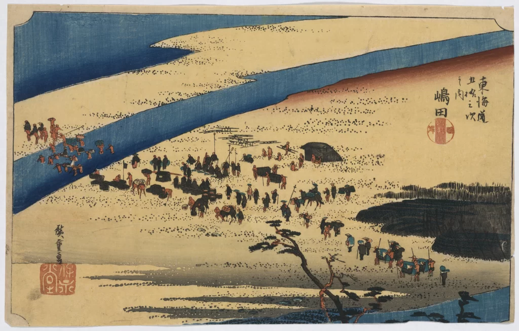 Traditional Japanese Landscape Vibrant Colors Historical Scene Cultural Depiction Artistic Style Serene Atmosphere