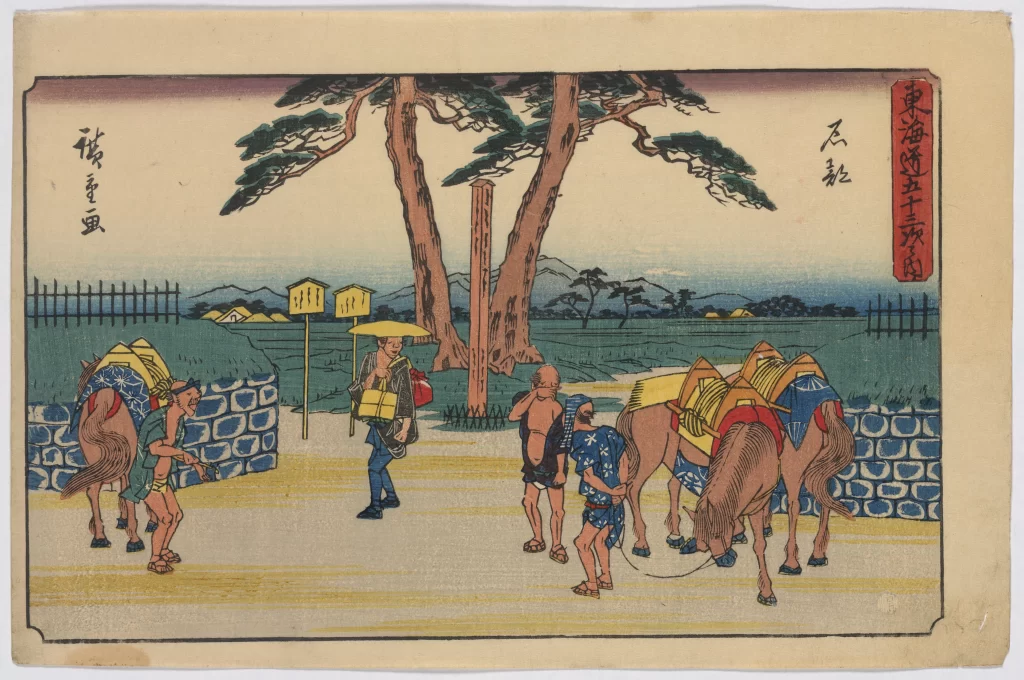 Traditional Japanese Landscape Vibrant Colors Woodblock Print Rural Scene Cultural Depiction