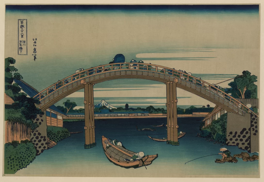 Traditional Japanese Landscape Wooden Bridge Boats Mount Fuji Serene Waters Edo Period Art