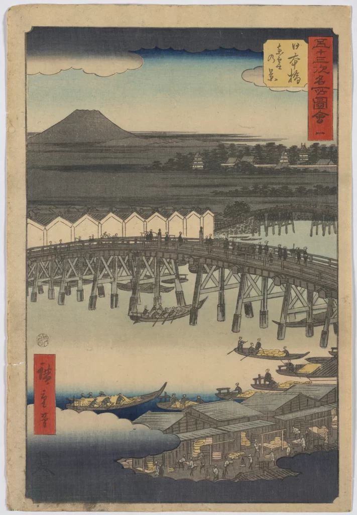 Traditional Japanese Landscape Wooden Bridge Boats Mountain Blue Sky Ukiyo-E Style