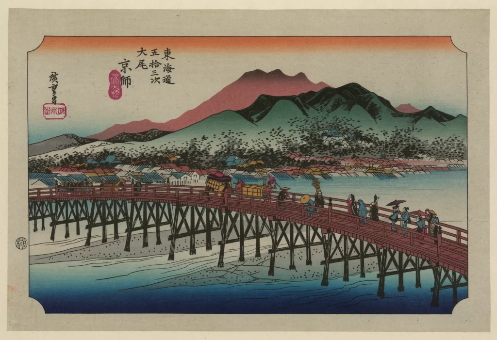 Traditional Japanese Landscape Wooden Bridge Mountain River Colorful Ukiyo-e