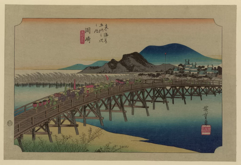 Traditional Japanese Landscape Wooden Bridge Mountain River Colorful Umbrellas Edo Period Art