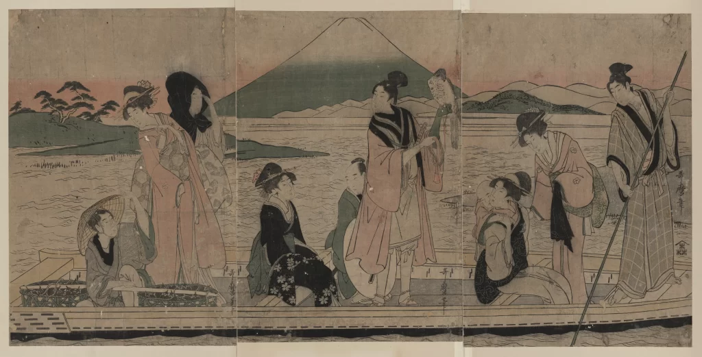 Traditional Japanese Mount Fuji Boat Figures Pastel Colors Ukiyo-e Style
