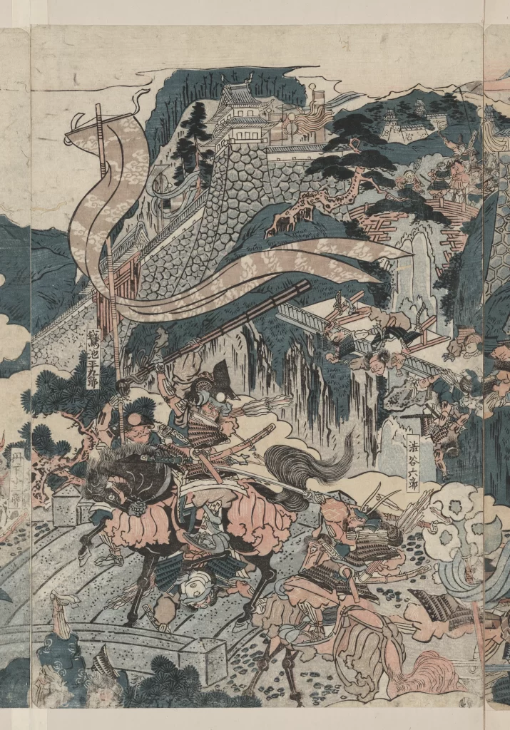 Traditional Japanese Samurai Battle Ukiyo-E Vibrant Colors Dynamic Scene