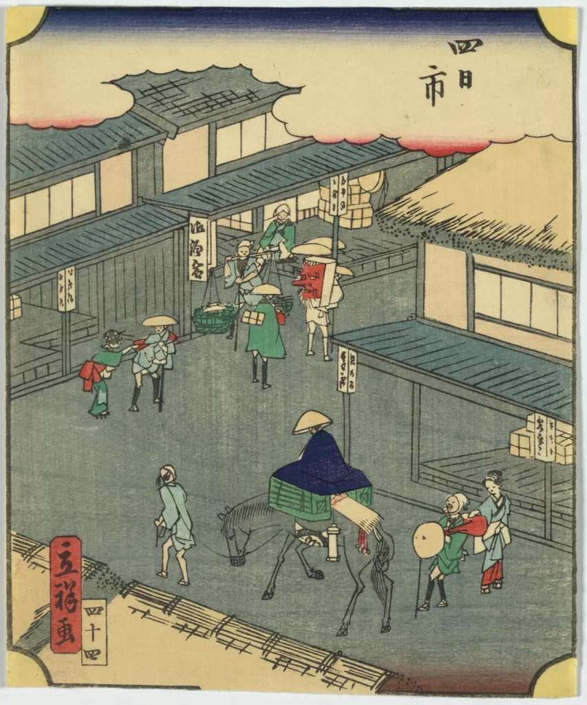 Traditional Japanese Scene Edo Period Woodblock Print Daily Life Vibrant Colors Historical Setting