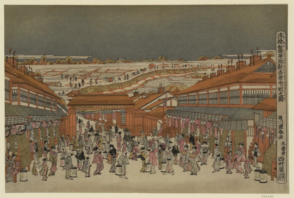 Traditional Japanese Scene Edo Period Woodblock Print Vibrant Colors Bustling Street Cultural Heritage