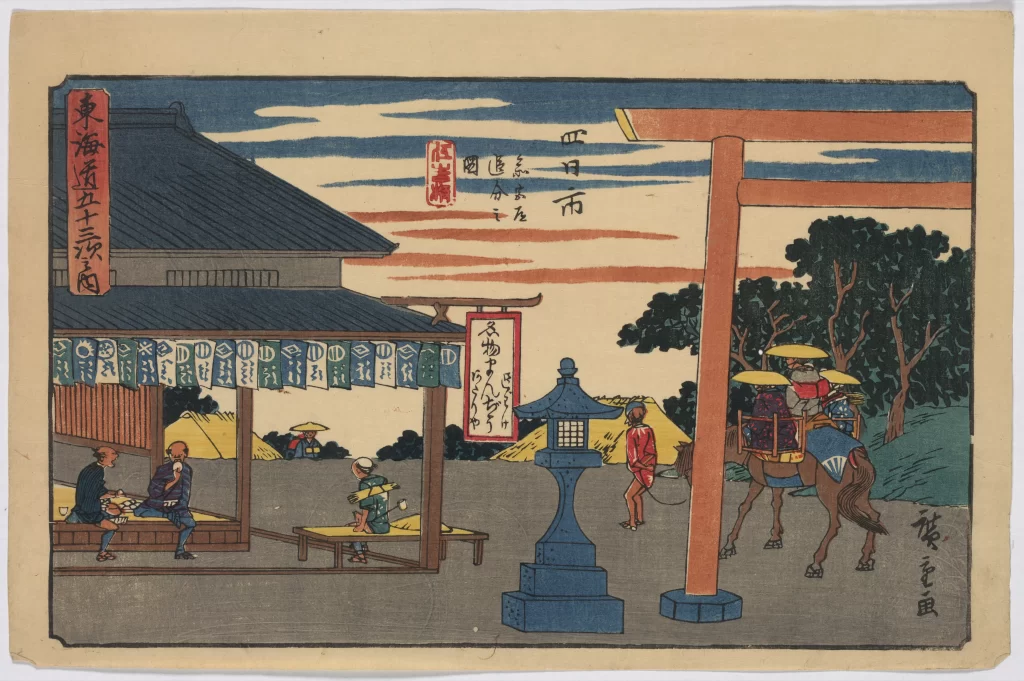 Traditional Japanese Scene Edo Period Woodblock Print Vibrant Colors Cultural Setting