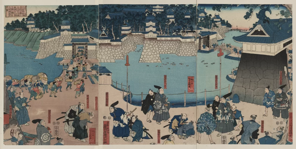 Traditional Japanese Scene Historical Blue And White Castle People Edo Period