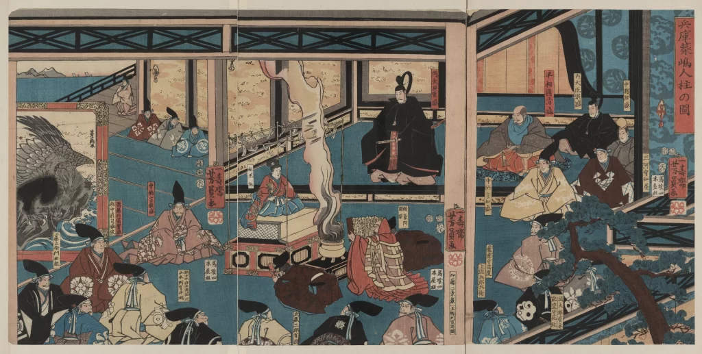 Traditional Japanese Scene Historical Figures Rich Colors Intricate Patterns Cultural Setting Artistic Style