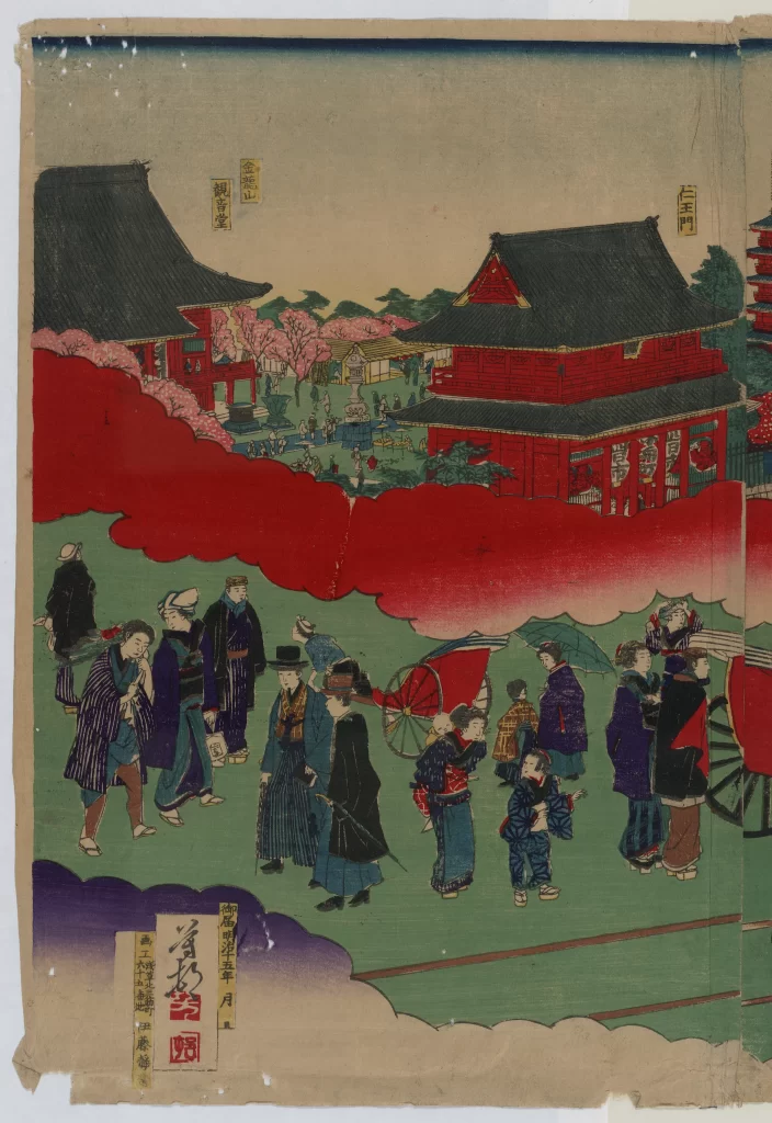 Traditional Japanese Scene Vibrant Colors Historical Architecture Cultural Attire Ukiyo-e Style Cherry Blossoms