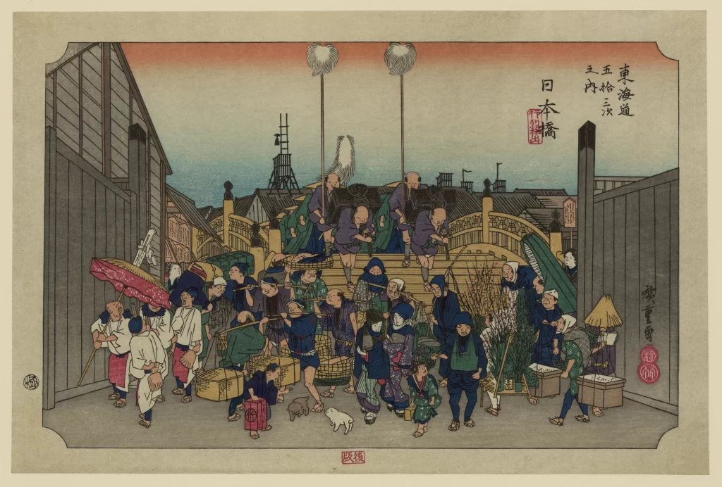Traditional Japanese Scene Vibrant Colors Historical Setting Cultural Festival Woodblock Print Daily Life