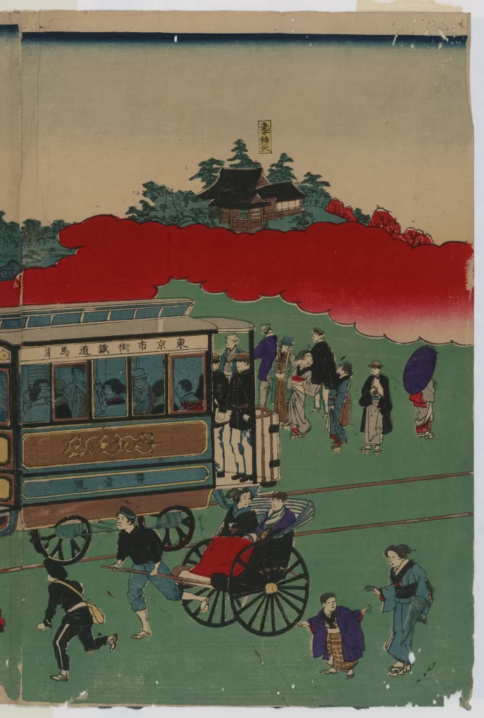 Traditional Japanese Scene Vibrant Colors Historical Setting People Transportation Cultural Elements