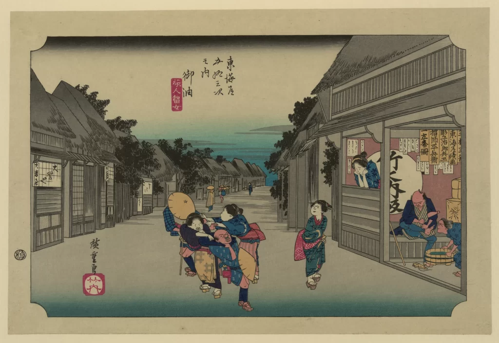 Traditional Japanese Street Scene Edo Period Woodblock Print Vibrant Colors Everyday Life