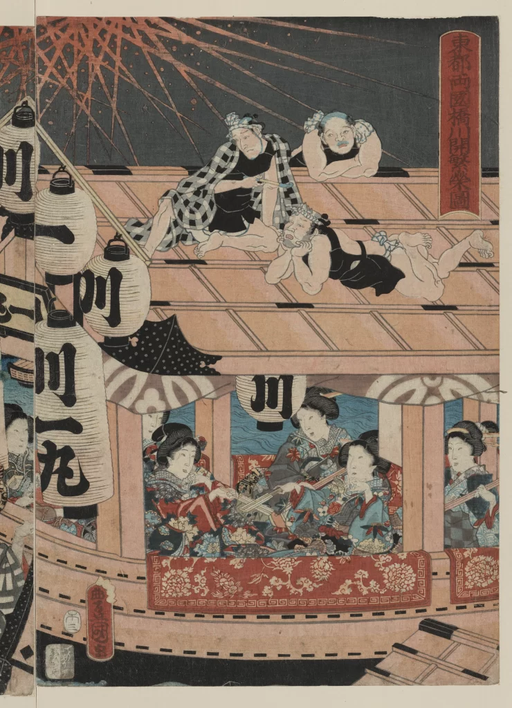 Traditional Japanese Sumo Wrestlers Fireworks Colorful Ukiyo-E Cultural Scene