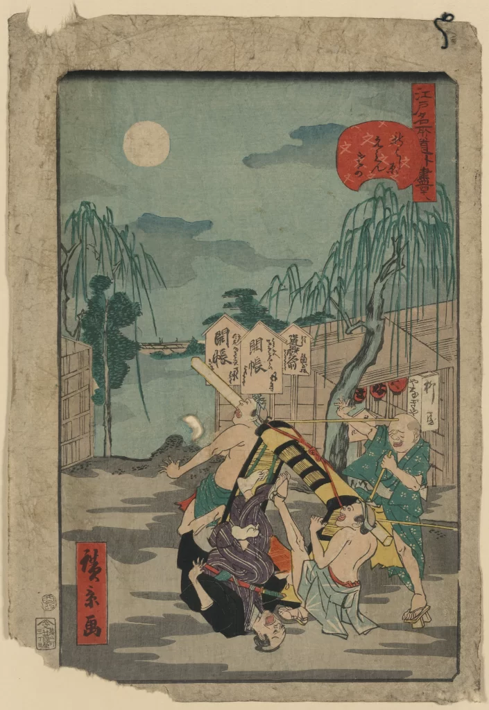 Traditional Japanese Sumo Wrestlers Moon Colorful Woodblock Print