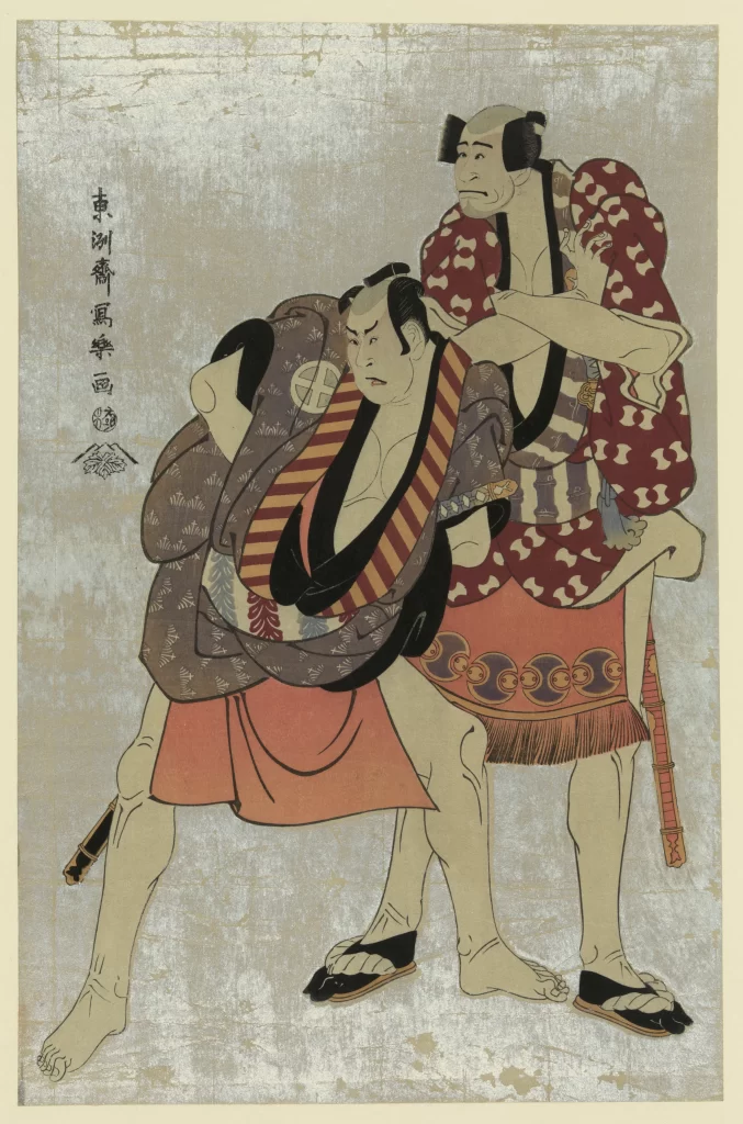 Traditional Japanese Sumo Wrestlers Vibrant Patterns Dynamic Pose Cultural Art Historical Depiction