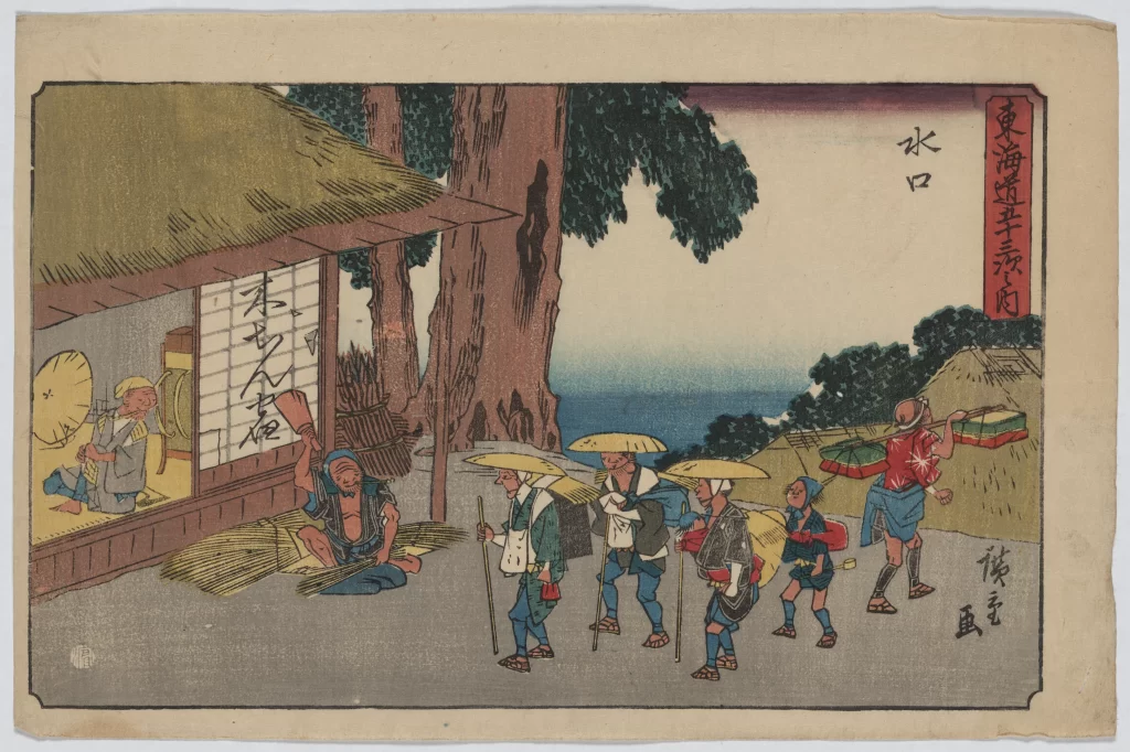 Traditional Japanese Travelers Rural Scene Vibrant Colors Cultural Art