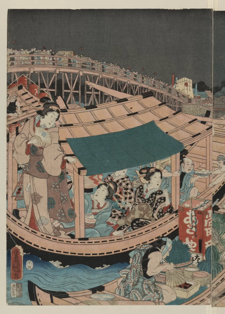 Traditional Japanese Ukiyo-E Boat Women Colorful Historical