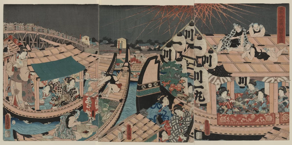 Traditional Japanese Ukiyo-E Fireworks Boats Festival Colorful
