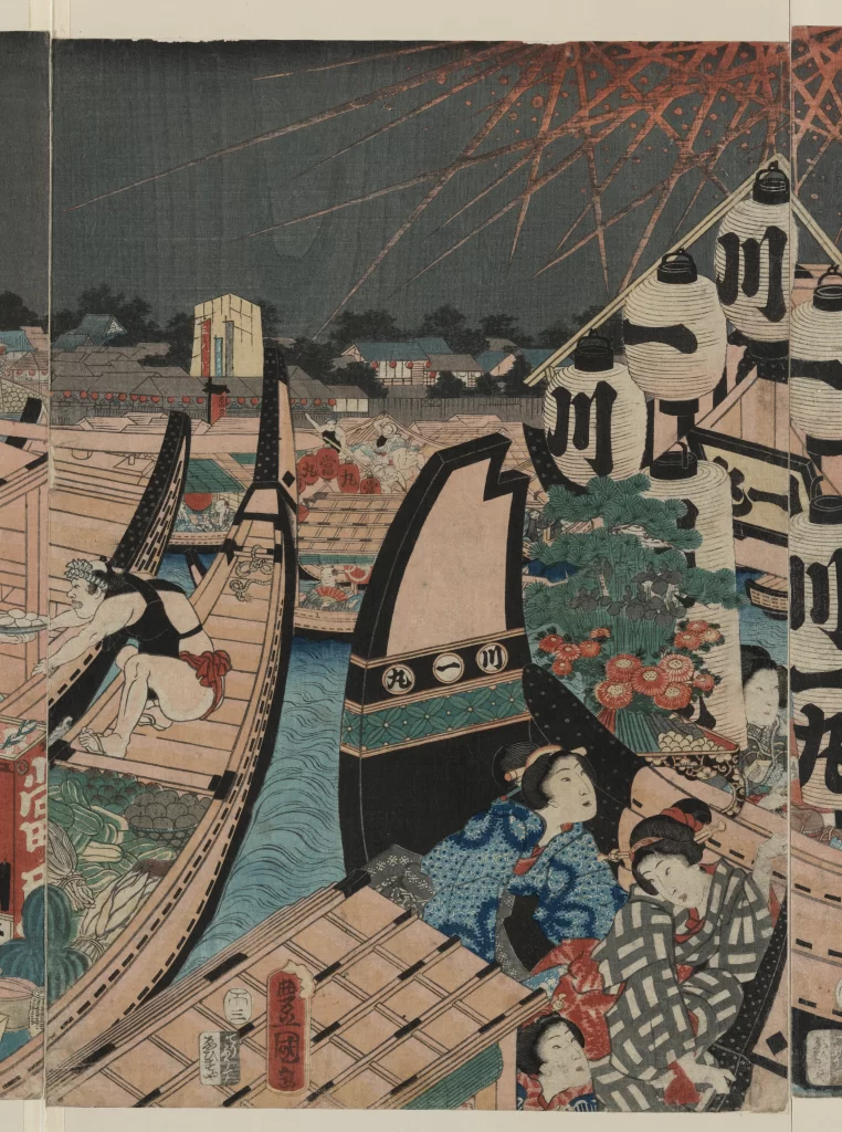Traditional Japanese Ukiyo-E Fireworks Boats Lanterns Festival