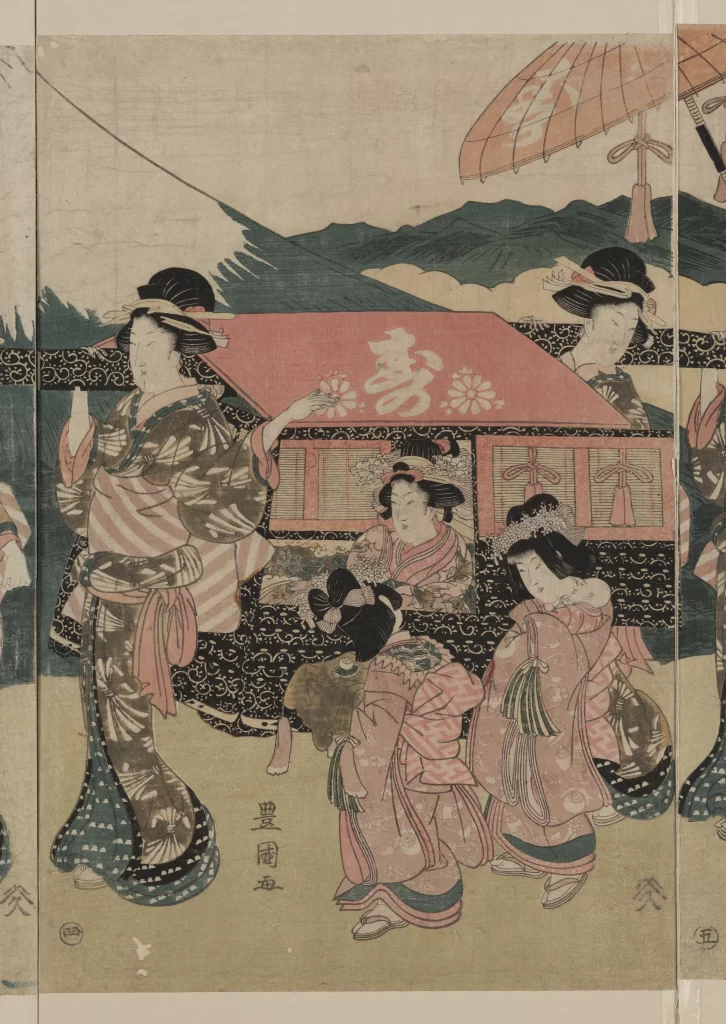 Traditional Japanese Ukiyo-e Women Kimonos Pastel Colors Cultural Scene