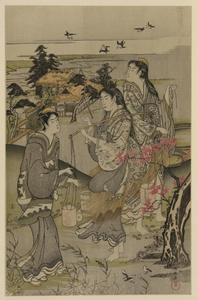 Traditional Japanese Ukiyo-e Women Nature Pastel Colors Rural Scene