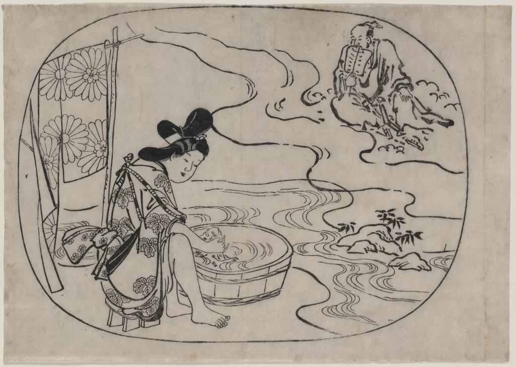 Traditional Japanese Woman Black And White Ukiyo-e Water Basin Floral Patterns Historical Scene
