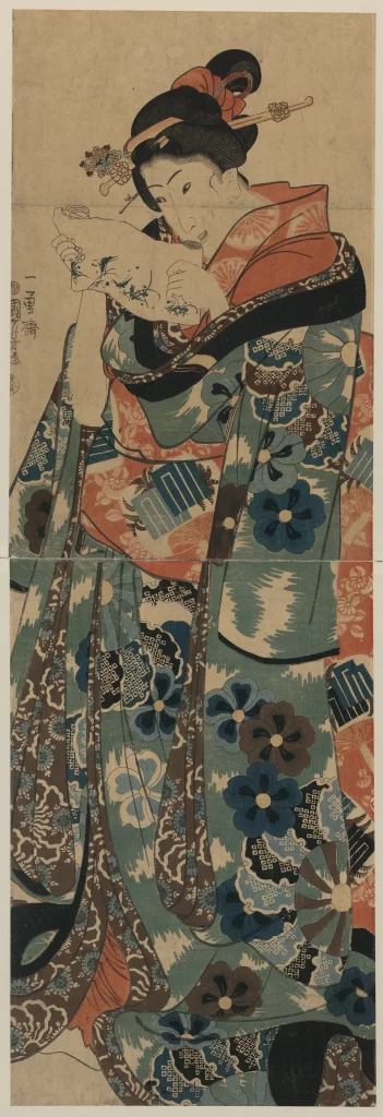Traditional Japanese Woman Kimono Floral Patterns Red Blue Black