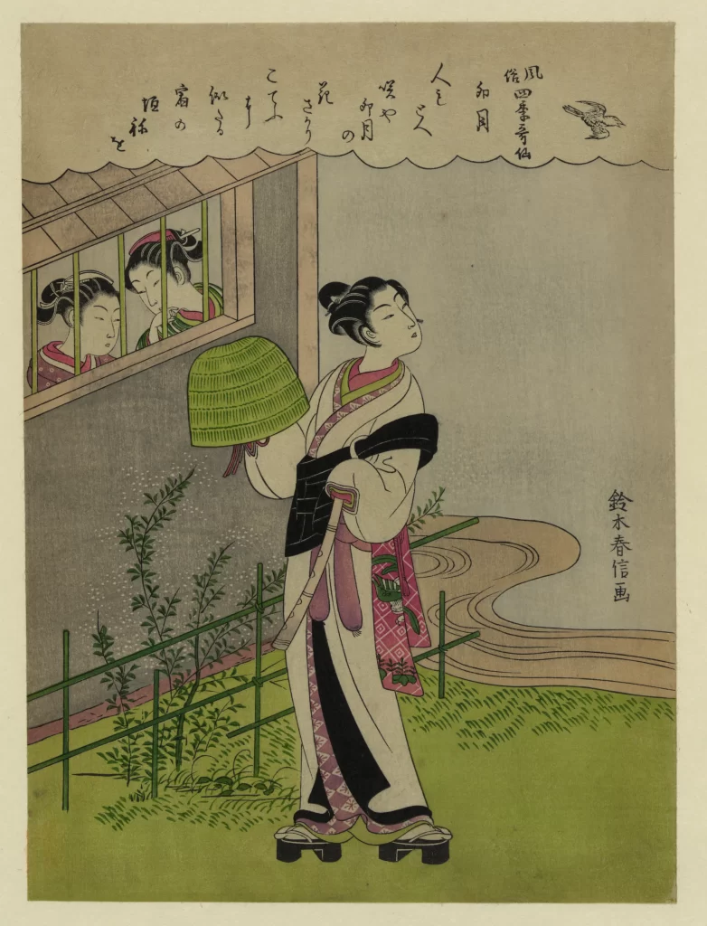 Traditional Japanese Woman Kimono Green Hat Garden Ukiyo-e