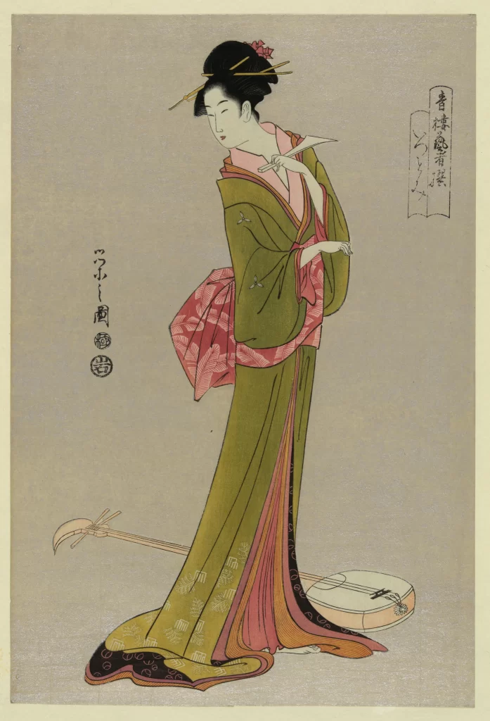 Traditional Japanese Woman Kimono Green Pink Black Ukiyo-e
