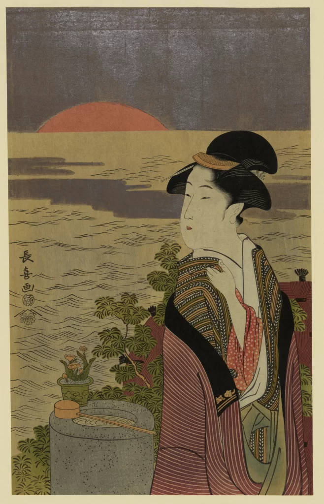 Traditional Japanese Woman Kimono Sunset Nature Ukiyo-e