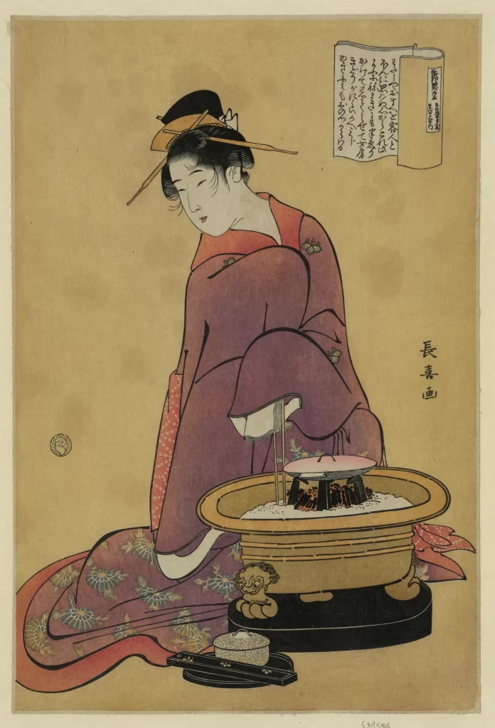 Traditional Japanese Woman Purple Kimono Red Accents Ukiyo-e Style Cultural Setting