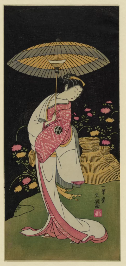 Traditional Japanese Woman Umbrella Kimono Floral Patterns
