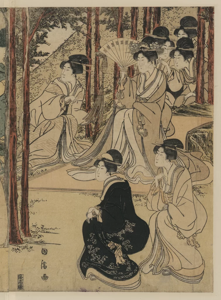 Traditional Japanese Women Elegant Attire Nature Setting Serene Atmosphere Artistic Style