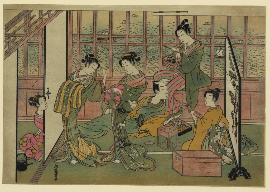 Traditional Japanese Women Green Red Yellow Ukiyo-e