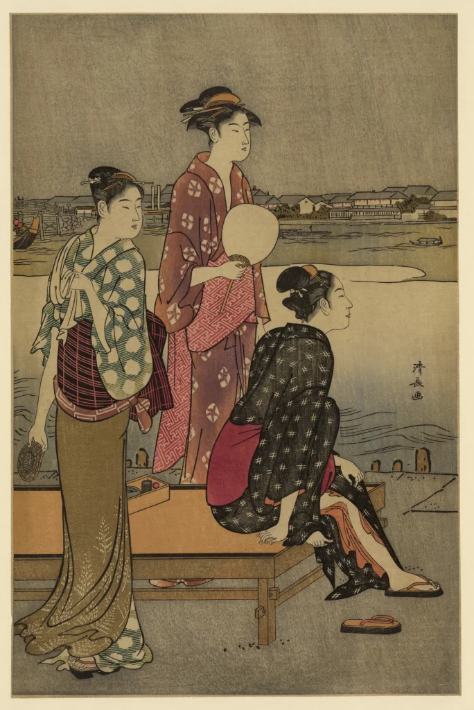 Traditional Japanese Women Kimono Fan Riverbank Ukiyo-e Art
