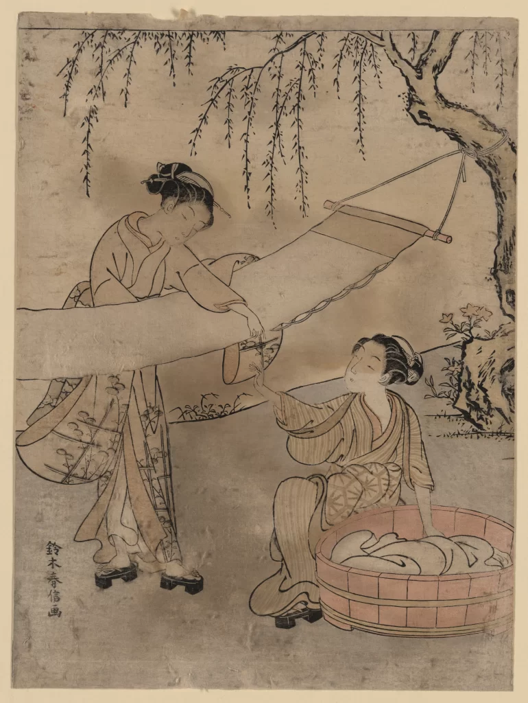 Traditional Japanese Women Kimono Nature Monochrome Woodblock Print