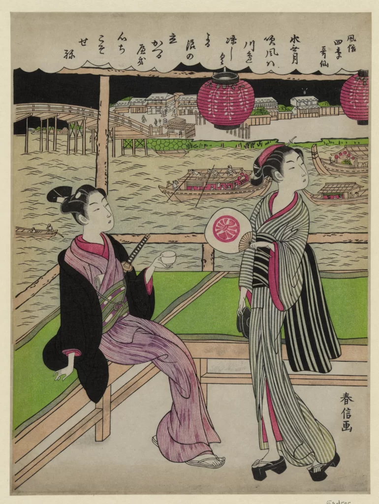 Traditional Japanese Women Kimono Ukiyo-e River Lanterns