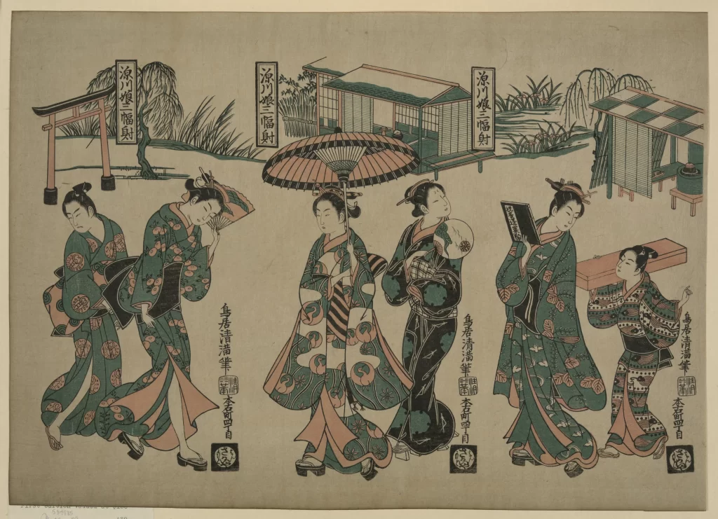 Traditional Japanese Women Kimonos Green Red Woodblock Print