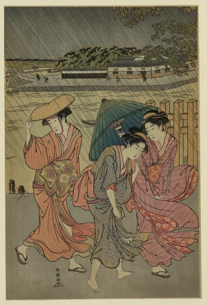 Traditional Japanese Women Rain Umbrellas Kimono Woodblock Print