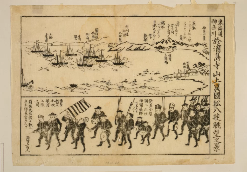Traditional Japanese Woodblock Print Historical Scene Naval Ships Procession Cultural Heritage