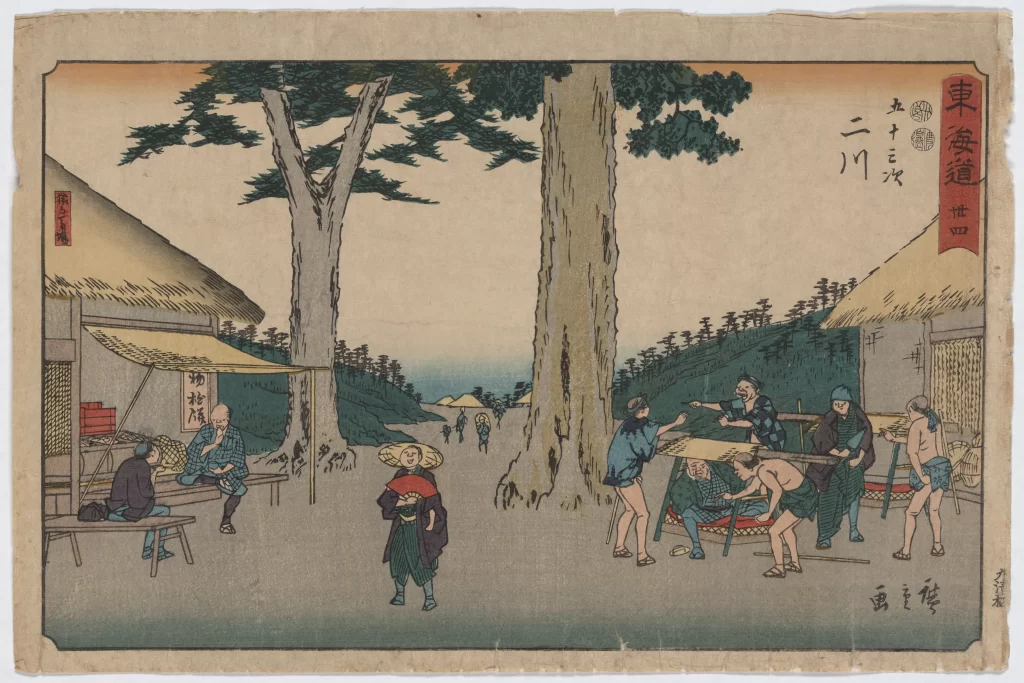 Traditional Japanese Woodblock Print Rural Scene Daily Life Natural Colors Cultural Depiction