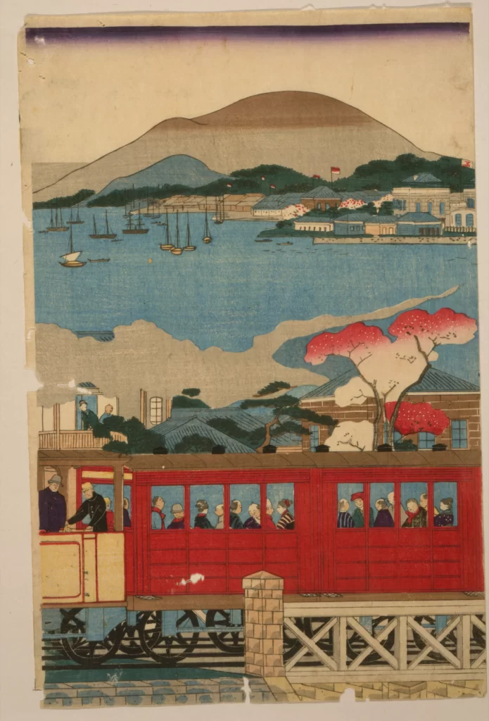 Train Passengers Mountain Sea Boats Traditional Art