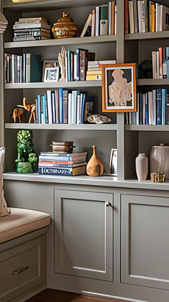 Transitional Gray Bookcase With Ceramic Decor